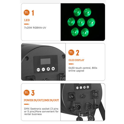 IP65 Waterproof Professional Stage DJ Disco Lights 7*20W RGBWA UV 6in1 LED Par Lights with DMX512 Control