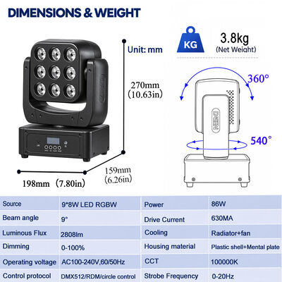 9x8W Portable Mini Led Rgbw Dj Party Lights Moving Head Dmx Stage Lights