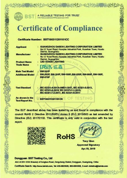 China Guangzhou Dasen Lighting Corporation Limited certification